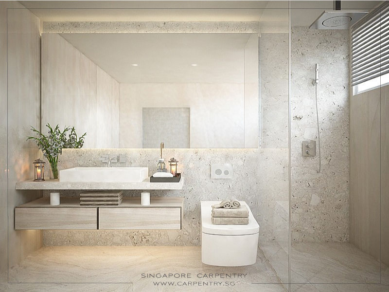 Farmhouse Styled Tranquility @ Farrer Road Singapore Carpentry Interior Design Pte Ltd Modern bathroom Marble