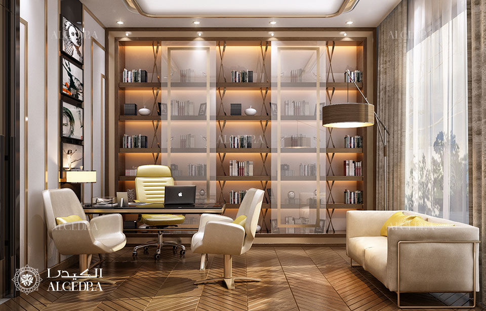 غرفة دراسة منزلية فاخرة Algedra Interior Design مكتب عمل أو دراسة