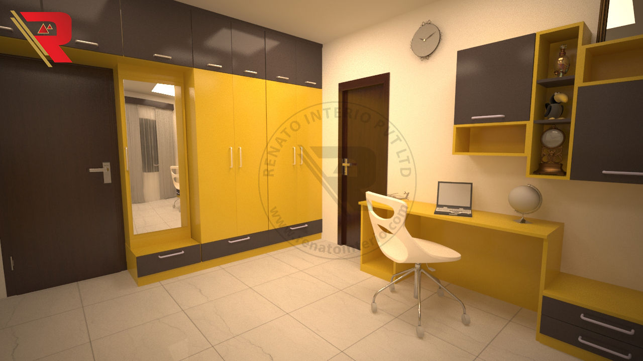 Yellow and Grey Combination Bedroom concept Renato Interio Pvt Ltd Teen bedroom Plywood Children room, Bedroom concept, bedroom with study unit, Yellow and grey wardrobe