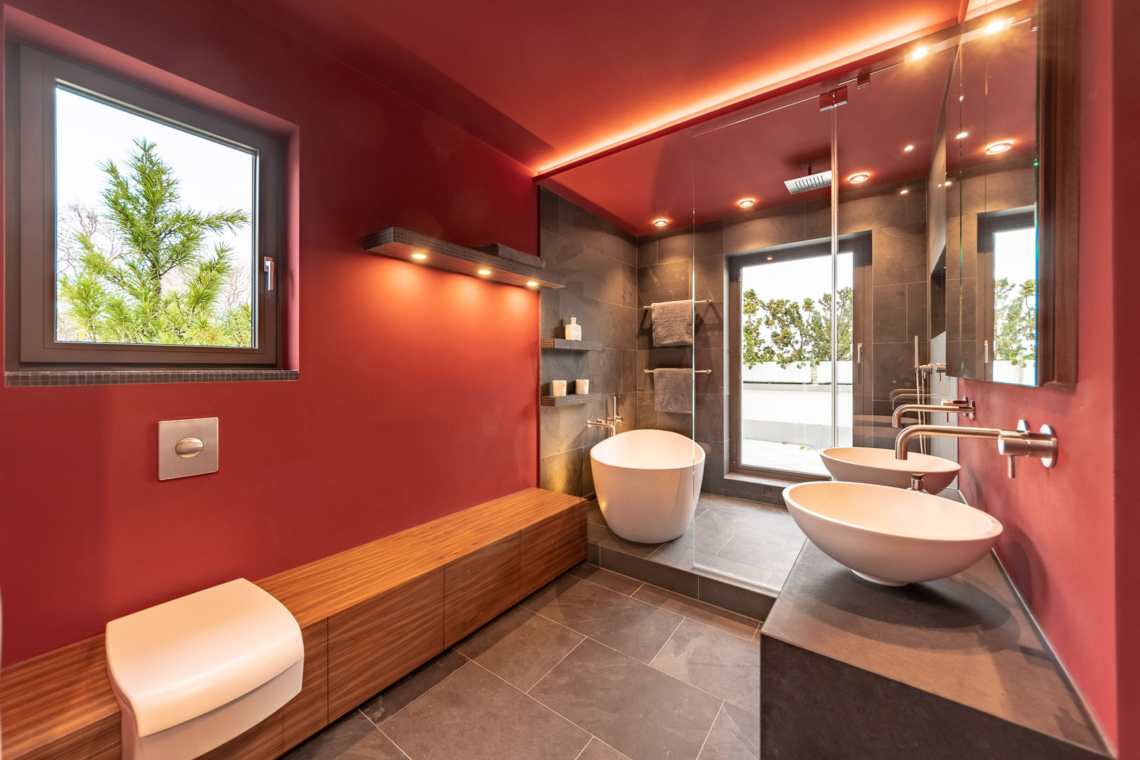 Red With Slate Vivante Modern bathroom bathroom,design,modern,lights,renovating,remodeling,badezimmer