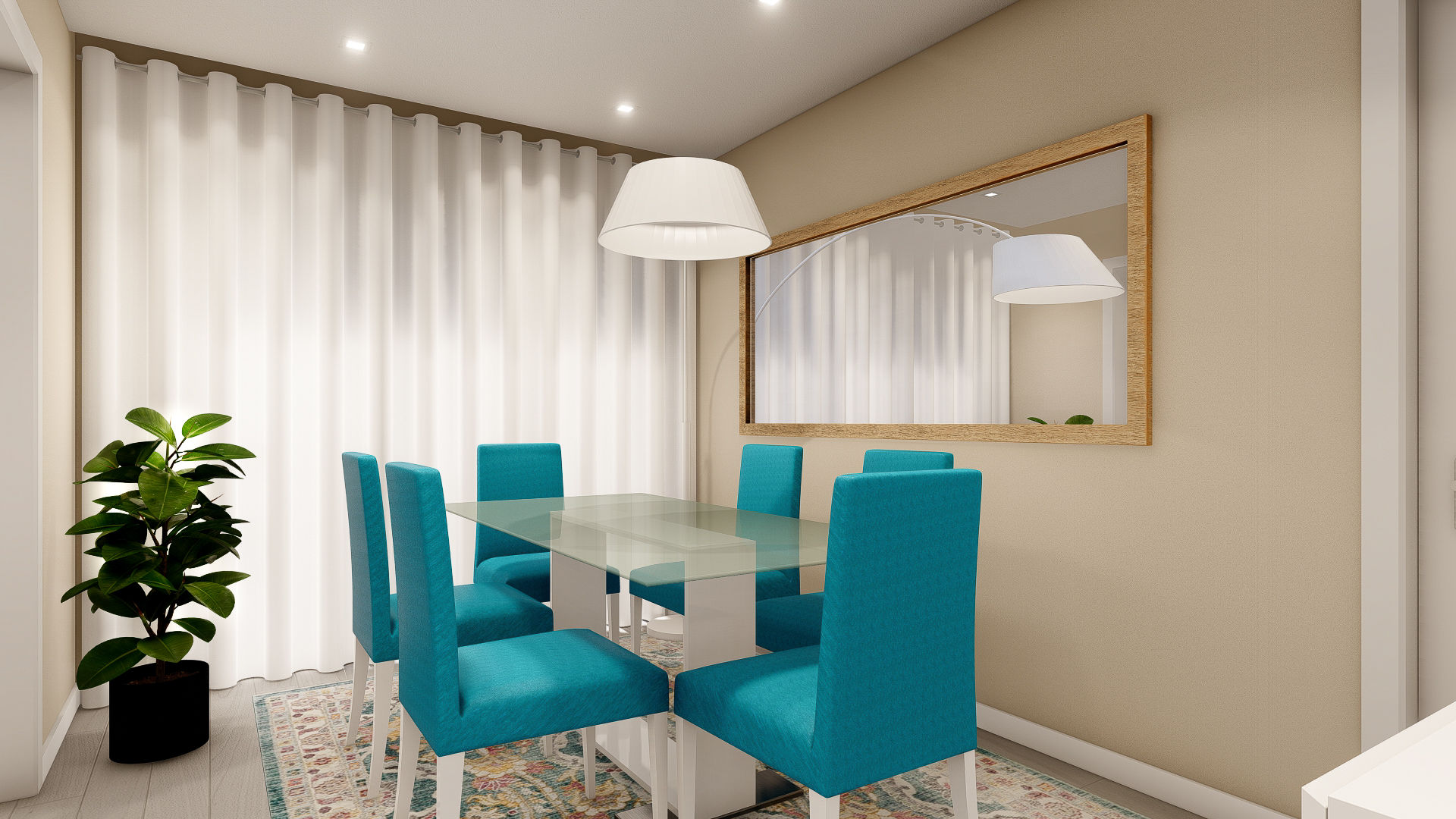 sala de jantar homify Salas de jantar modernas decoração, design, sala jantar, azul, candeeiro em arco, mesa vidro, cadeiras azuis,