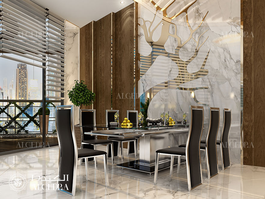 تصميم منطقة تناول الطعام ببنتهاوس في دبي Algedra Interior Design غرفة السفرة تصميم السقيفة ، غرفة الطعام ، التصميم الداخلي ، دبي