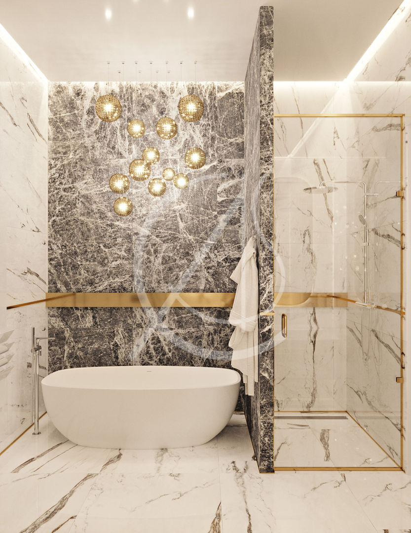 homify Phòng tắm phong cách hiện đại Đá hoa modern bathroom, bathroom design, bathtub, modern villa interior, gold inlay,