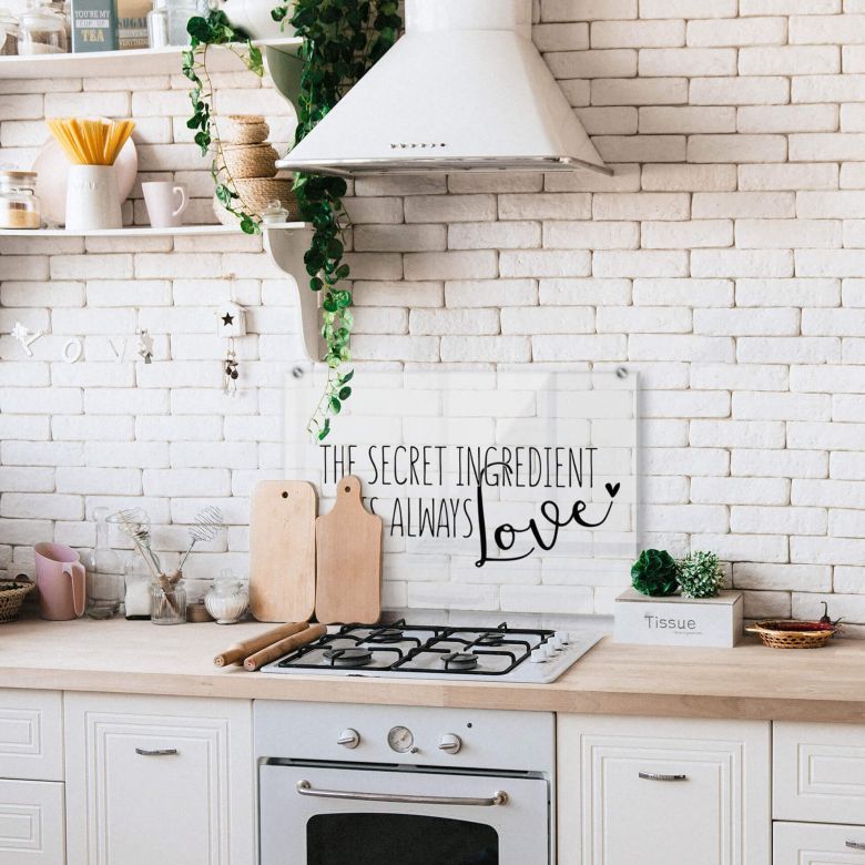 Pannello paraschizzi - The secret ingredient is always Love Wall-Art.it Cucina moderna Vetro cucina paraschizzi rivestimento frasi fornelli decoro,Accessori & Tessili