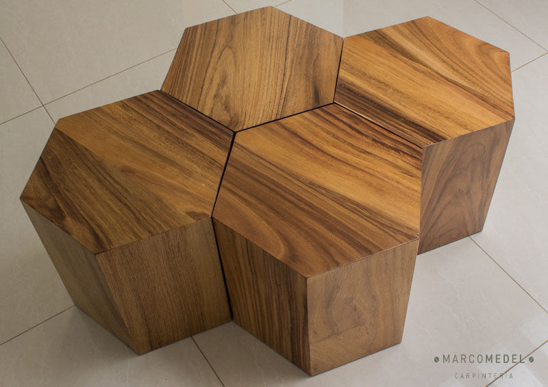 Hexágonos en Parota Marco Medel Carpintería Salones de estilo minimalista Madera Acabado en madera