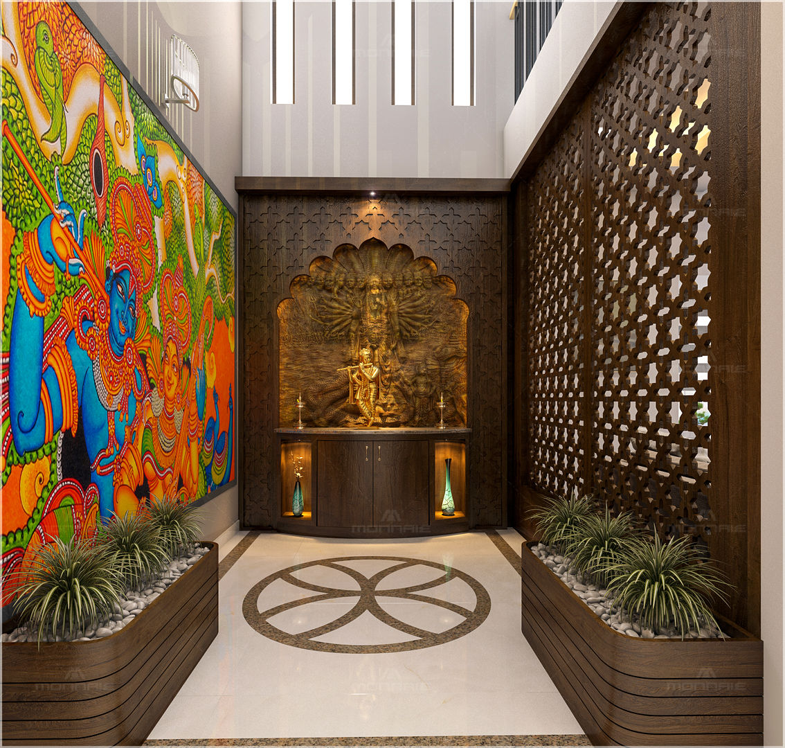 Pooja room Design Monnaie Interiors Pvt Ltd Modern living room Engineered Wood Transparent