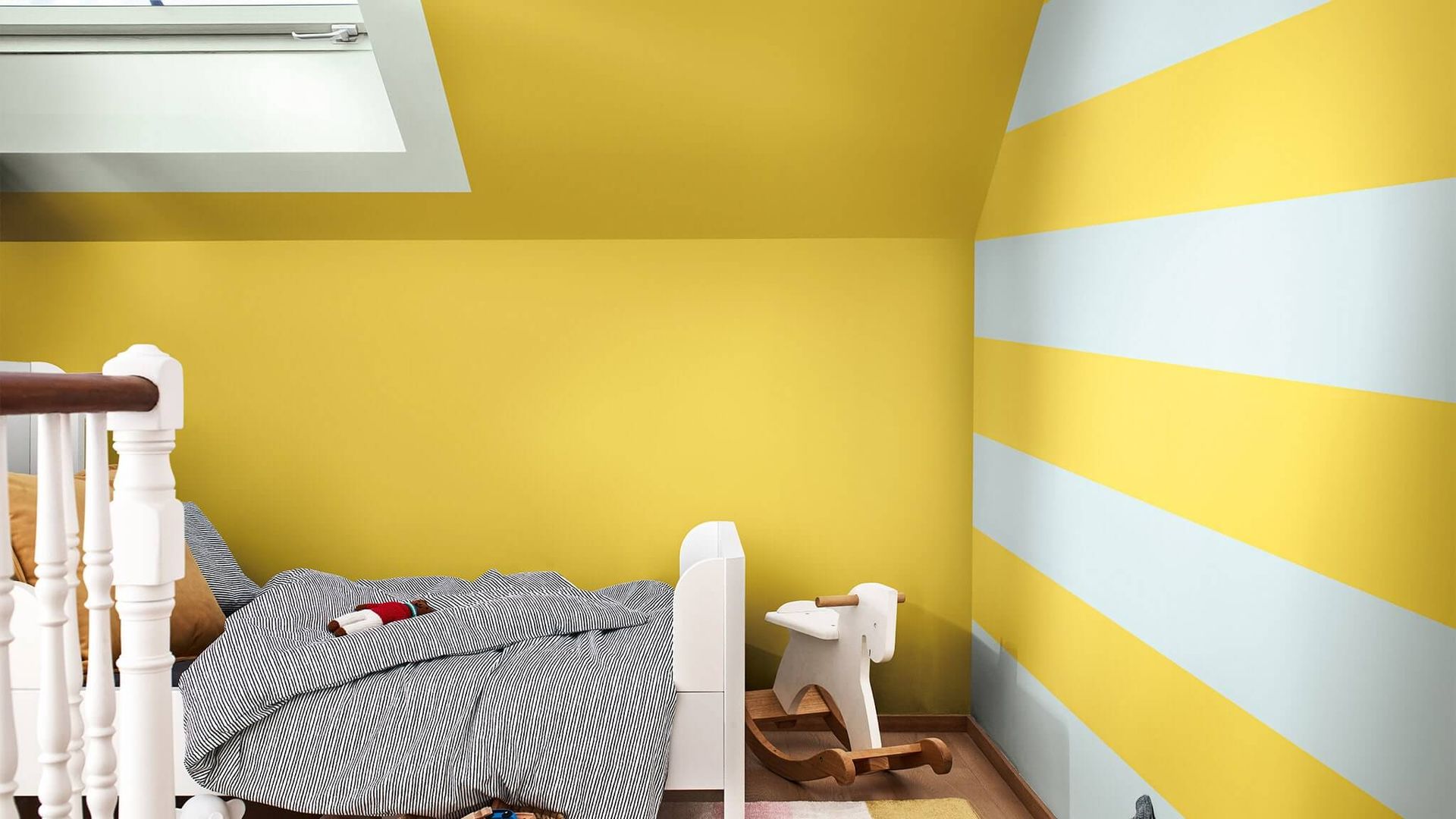 A child's bedroom with the Dulux Colour of the Year 2020 - Tranquil Dawn Dulux UK Modern nursery/kids room children room, kids room, dulux, green, yellow, paint colour, colour of the year, tranquil dawn