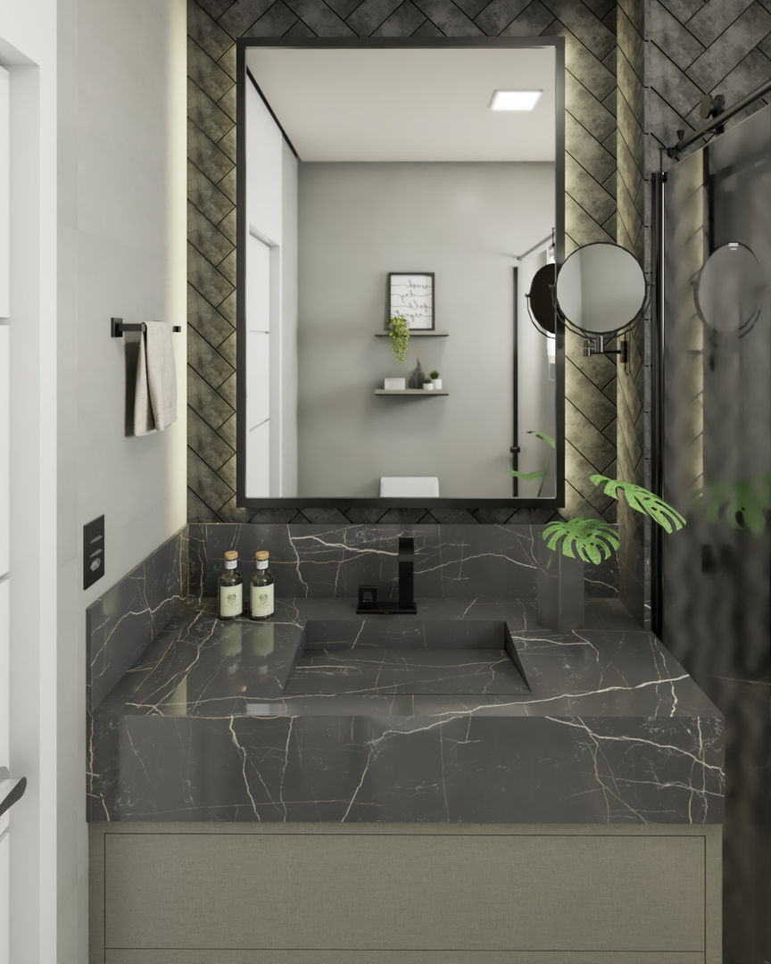 Banheiro|DR AJP ARQUITETOS ASSOCIADOS Banheiros modernos Mármore Banheiro,contemporâneo,bancada,marmorizado,cuba esculpida.,Espelhos
