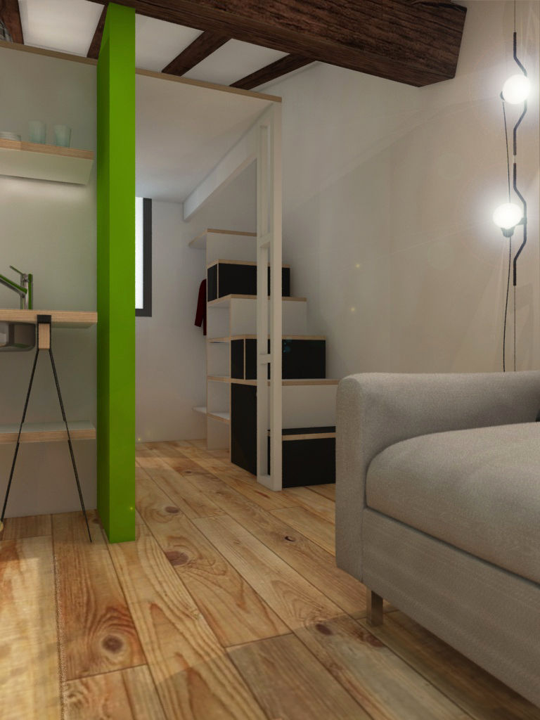 homify Camera da letto piccola Legno Effetto legno ristrutturare un sottotetto, letto a soppalco, armadio scala, contenitore scala, angolo cottura, cucina per bnb