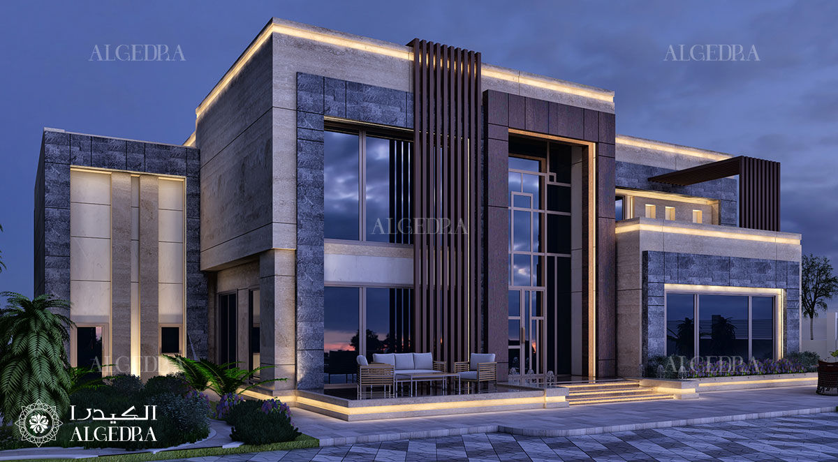 Modern ev cephe aydınlatma tasarımı Algedra Interior Design Villa