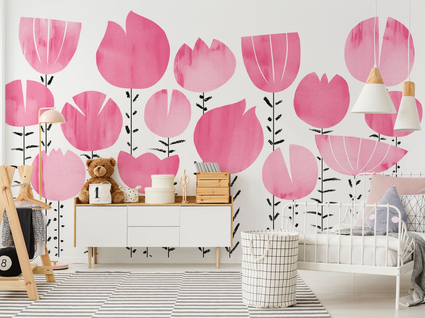 Letto decorato con fiori rosa e tende bianche in una stanza ai generativa