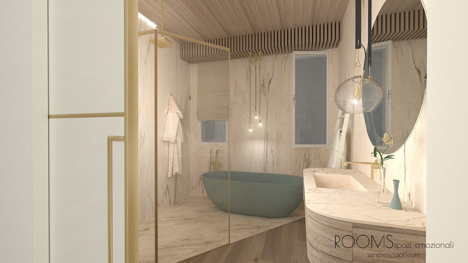 Il bagno principale: render di progetto serenascaioli_progettidinterni Bagno moderno render, rendering, interior design, bagno contemporaneo, legno, marmo, rivestimento bagno, progetto render, bagno vasca, bagno doccia, doccia aperta