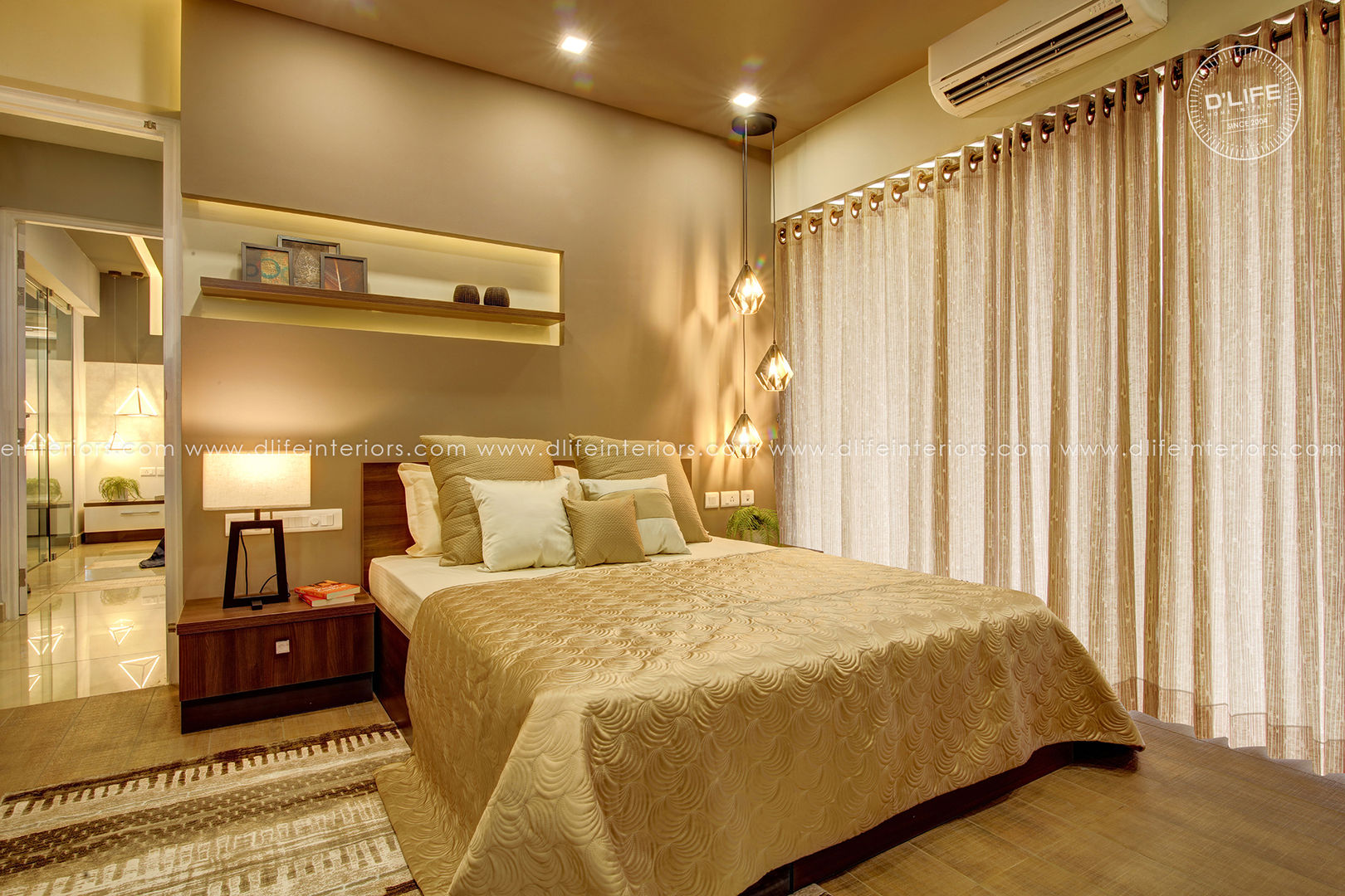 Bedroom Interiors with Golden Finish DLIFE Home Interiors Small bedroom Furniture,Property,Building,Cabinetry,Comfort,Bed frame,Wood,Interior design,Drawer,Television