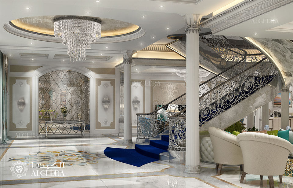 Main entrance hall of luxury villa Algedra Interior Design Classic style corridor, hallway and stairs