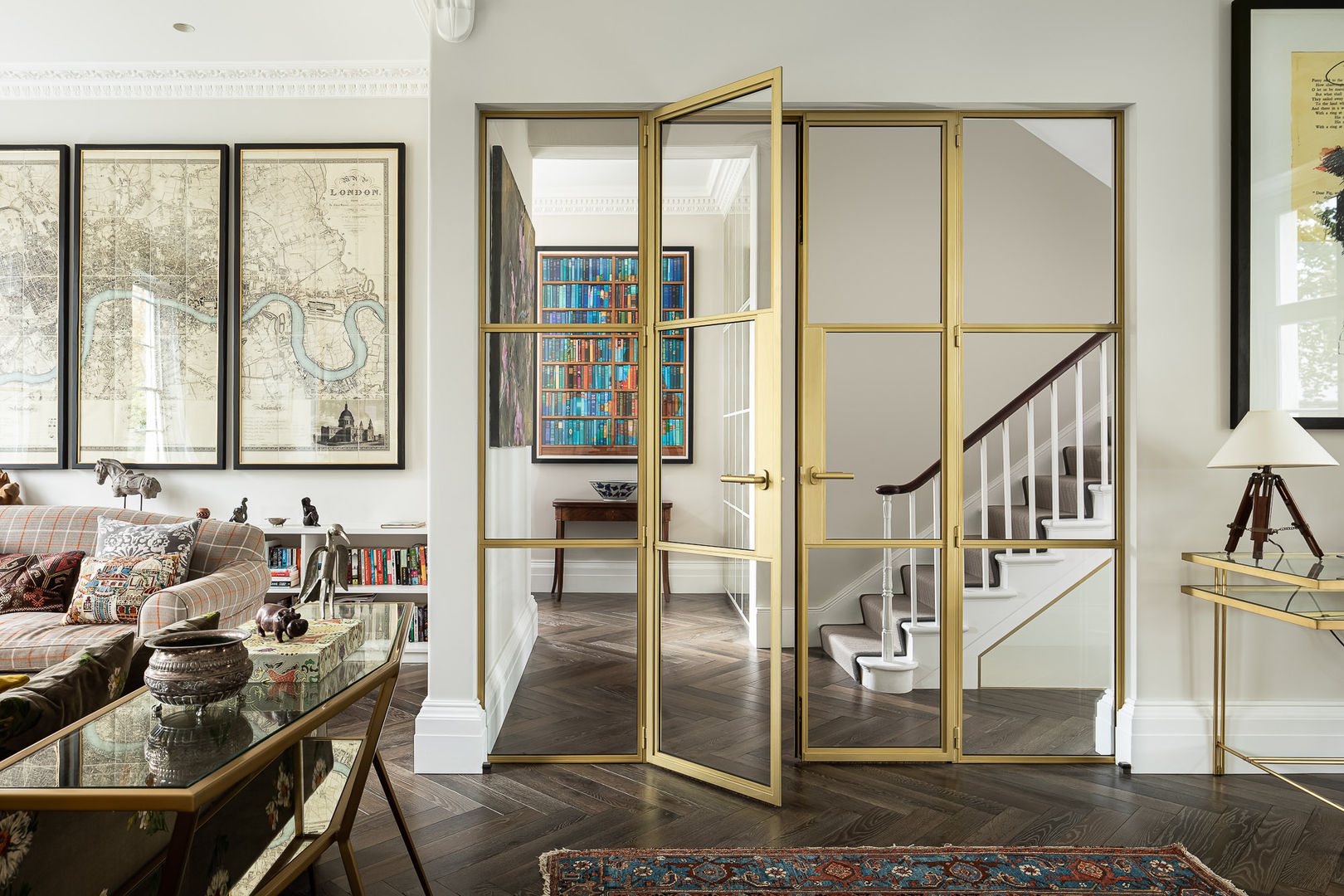 Crittall door in Gold EMR Architecture Eclectic style corridor, hallway & stairs crittall door, gold door, design detail, intro design, glass door, wood floor