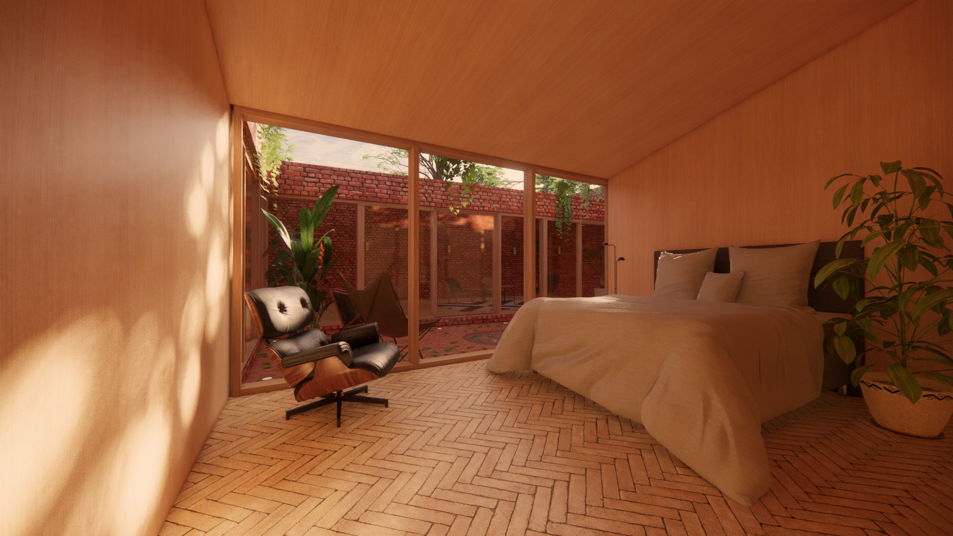 Modern Timber Bedroom - Solar Courtyard House, Beverley, East Yorkshire Samuel Kendall Associates Limited غرفة نوم خشب Wood effect