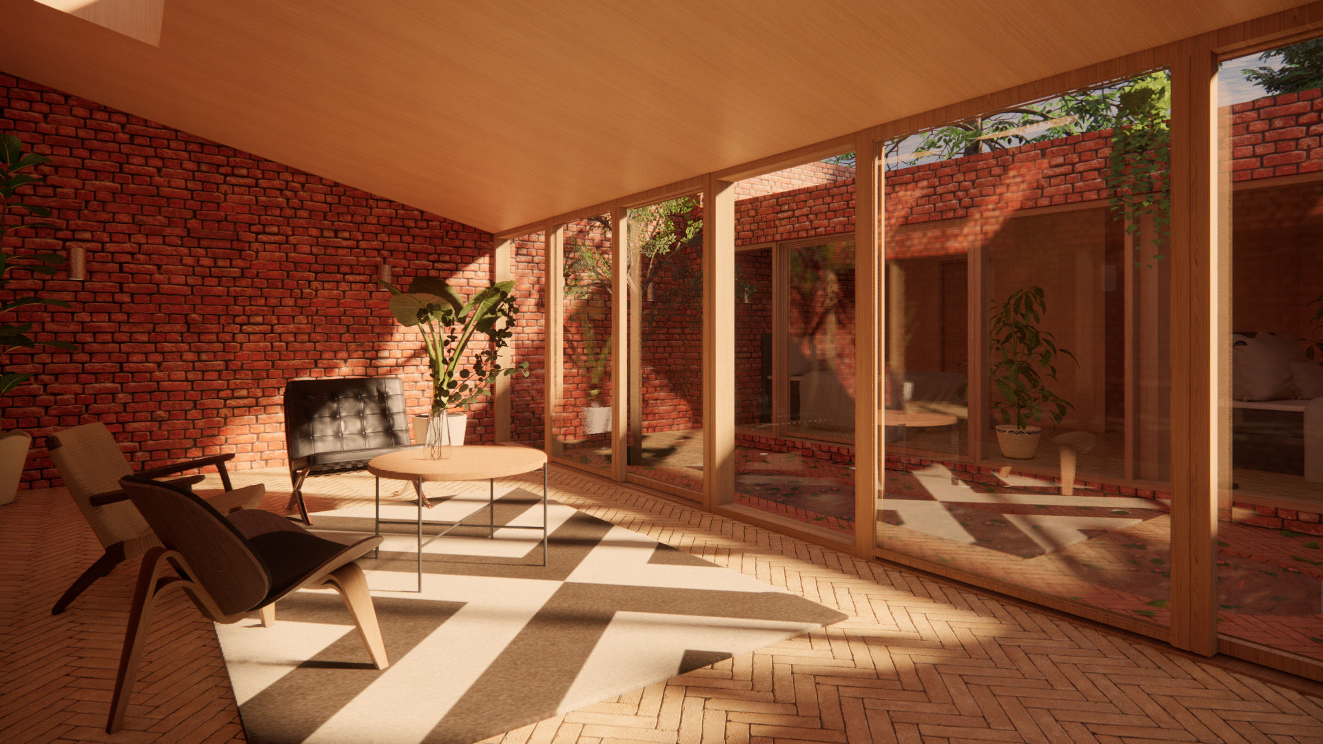 Living Space - Solar Courtyard House, Beverley, East Yorkshire Samuel Kendall Associates Limited Living room Bricks