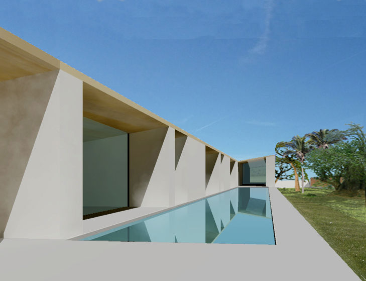Piscina lateral na continuidade do alpendre Jorge Cruz Pinto + Cristina Mantas, Arquitectos piscina longitudinal, alpendre