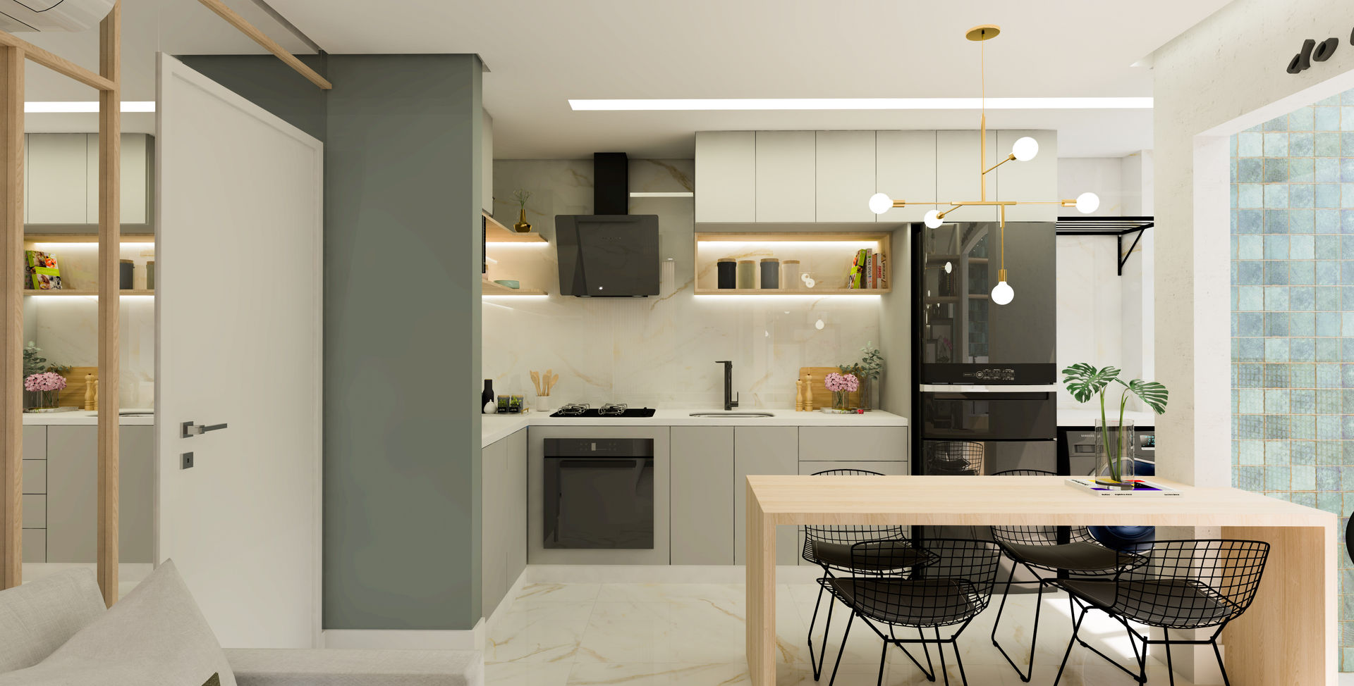 Visite o Decorado - Integração Perfeita entre Sala, Cozinha e Pequena Varanda, ArquitetureSe - Projetos de Arquitetura e Interiores à distância ArquitetureSe - Projetos de Arquitetura e Interiores à distância Small kitchens Quartz