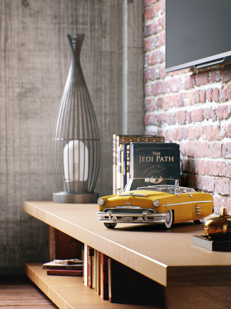 Render close up RQuatro Render Studio Estudios y despachos industriales Ladrillos 3ds Max, Corona Renderer, Madera, mueble, lámpara