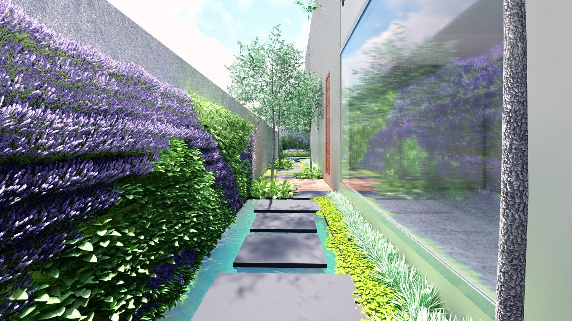 pasillo y muro verde Verde Lavanda Jardines modernos