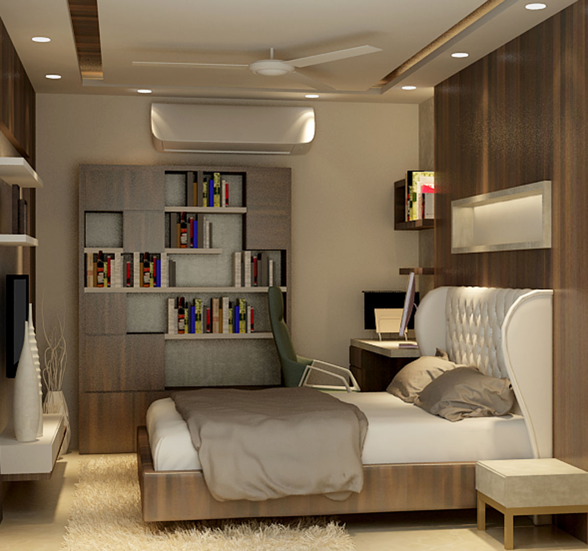 Bedroom with office, Itzin World Designs Itzin World Designs Modern style bedroom Furniture,Property,Bookcase,Shelf,Comfort,Shelving,Interior design,Flooring,Floor,Lamp