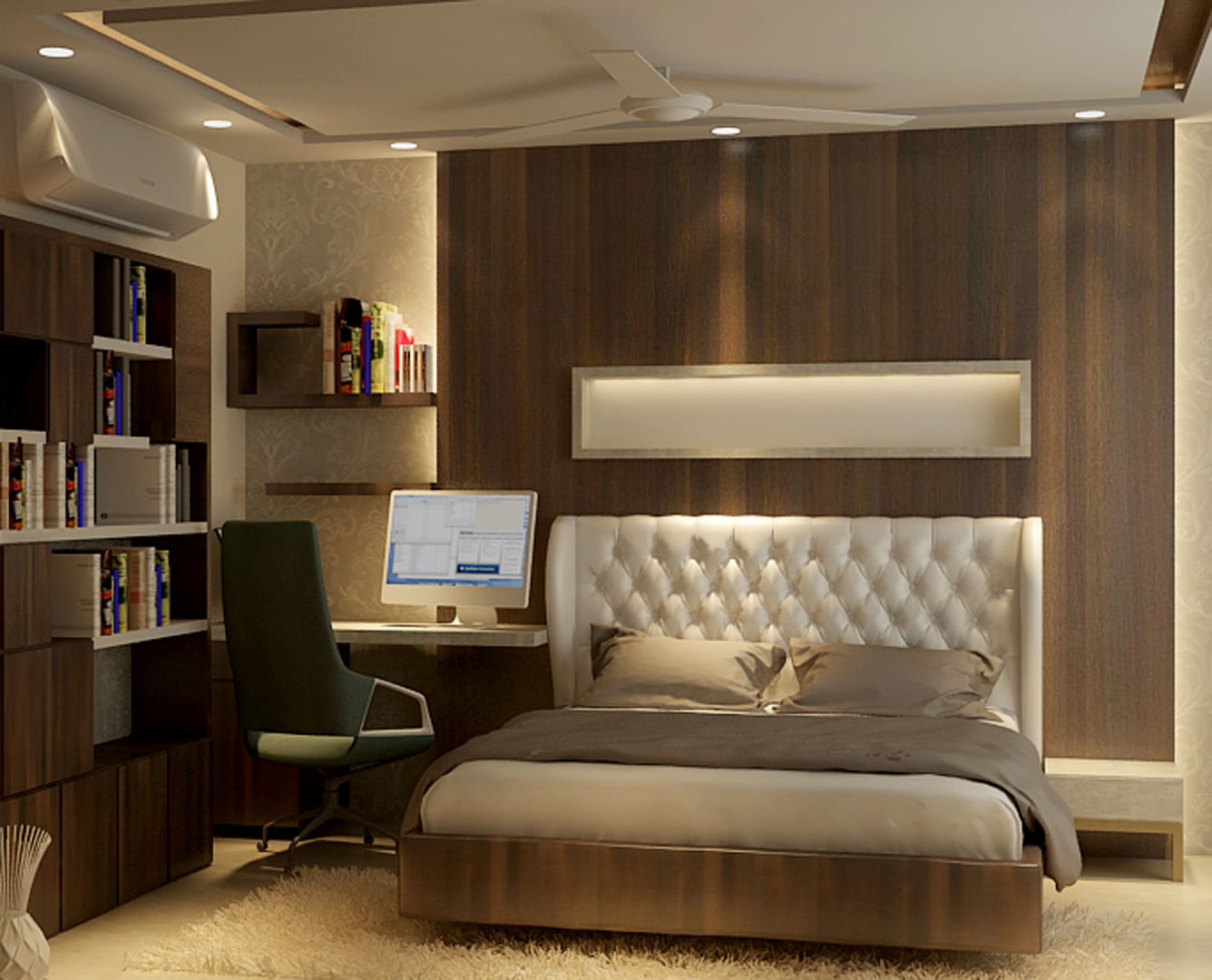 Bedroom with office, Itzin World Designs Itzin World Designs Modern style bedroom Furniture,Bookcase,Property,Shelf,Comfort,Cabinetry,Interior design,Wood,Textile,Shelving