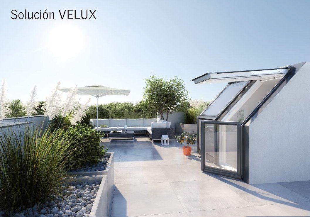 TU TERRAZA: TU NUEVO OASIS CON VELUX VELUXMadrid Balcones y terrazas de estilo moderno Vidrio VELUX. Ventanas de tejado, ventanas velux, Proyecto Velux VELUXMadrid