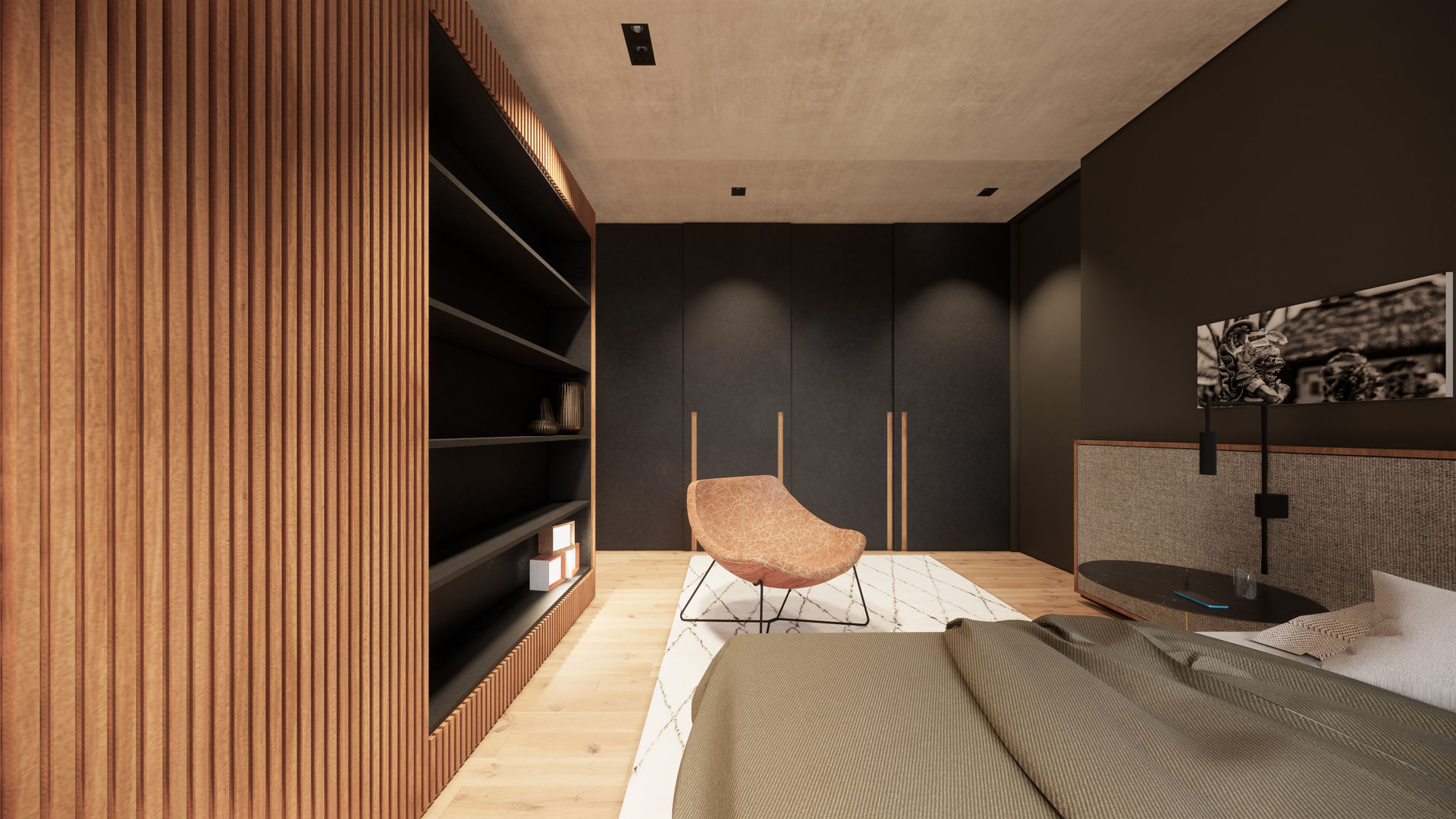 Apartamento Neutro em Contrastes e Madeira, Saulo Magno Arquiteto Saulo Magno Arquiteto Minimalistische Schlafzimmer