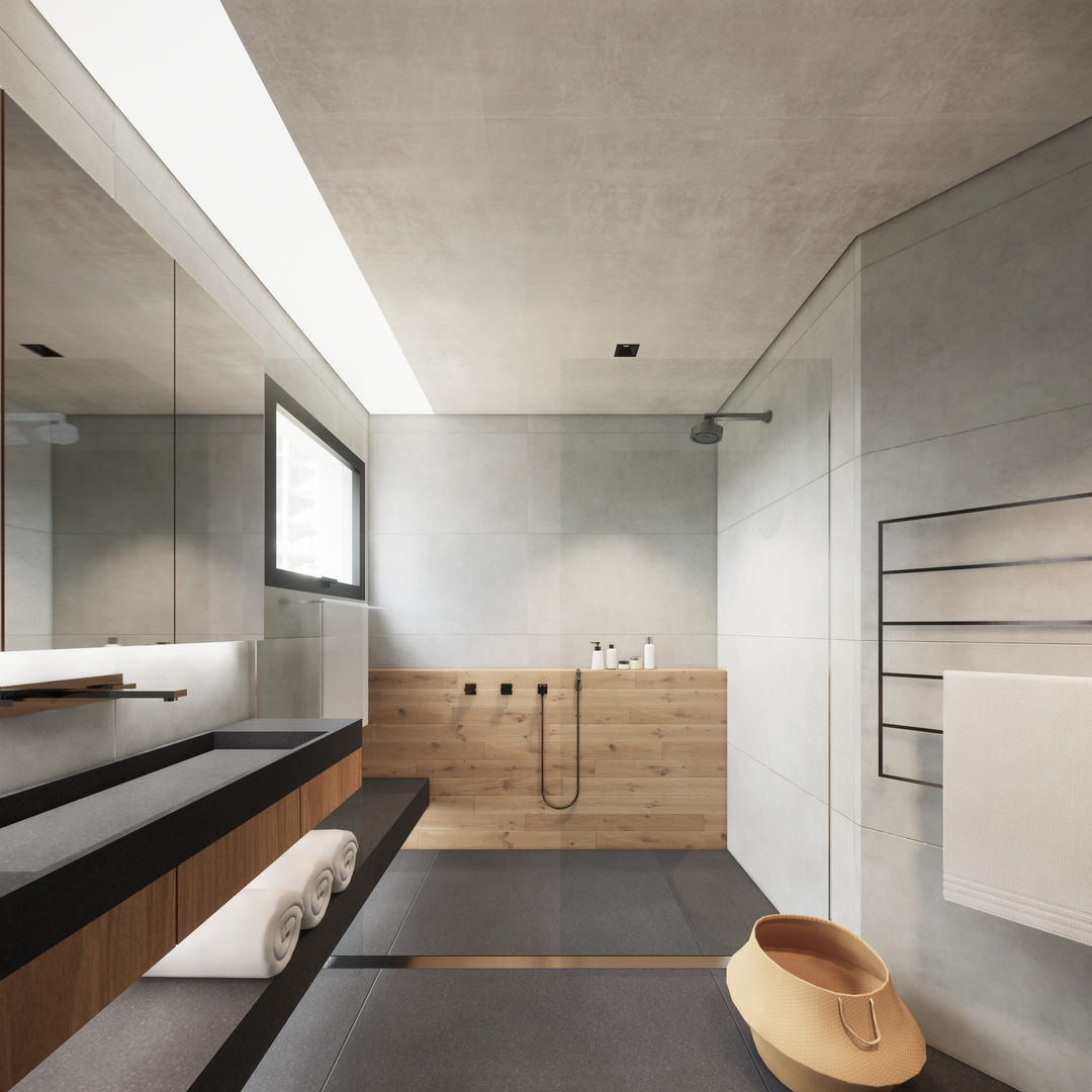 Apartamento Neutro em Contrastes e Madeira, Saulo Magno Arquiteto Saulo Magno Arquiteto Salle de bain minimaliste Tuiles