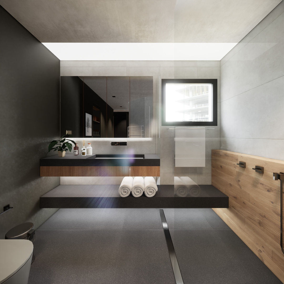 Apartamento Neutro em Contrastes e Madeira, Saulo Magno Arquiteto Saulo Magno Arquiteto Salle de bain minimaliste Tuiles