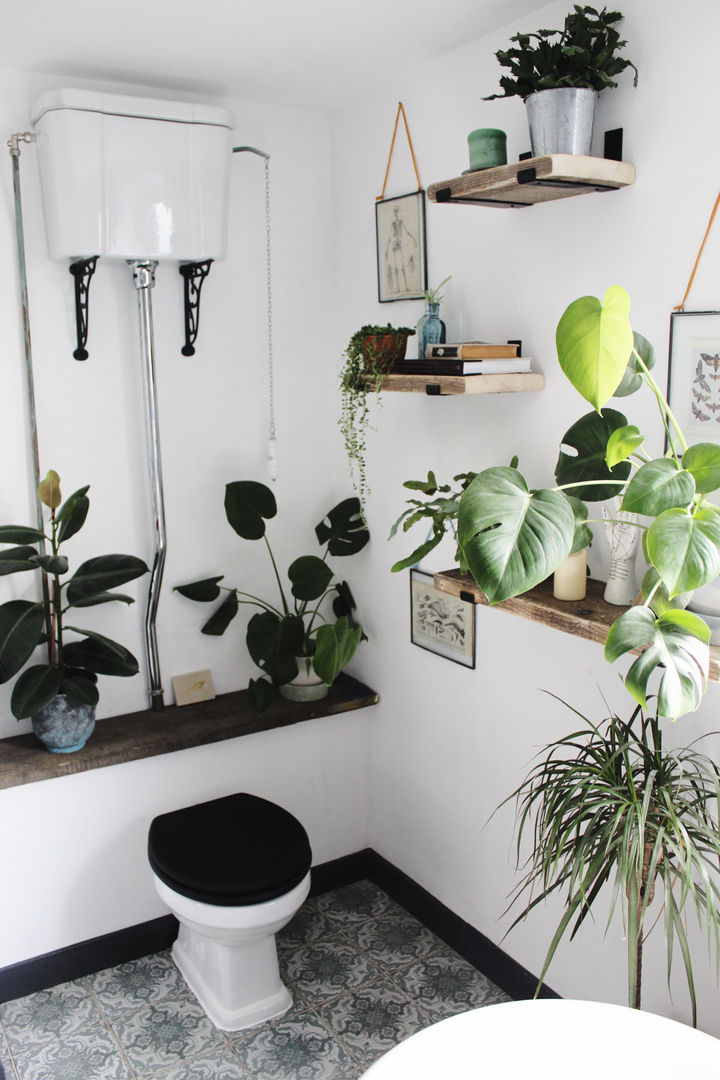 High level W.C and shelving detail Back to the Future Interiors 인더스트리얼 욕실 toilet, w.c, shelving, bathroom shelving, decor, interior decor, plants, house plants