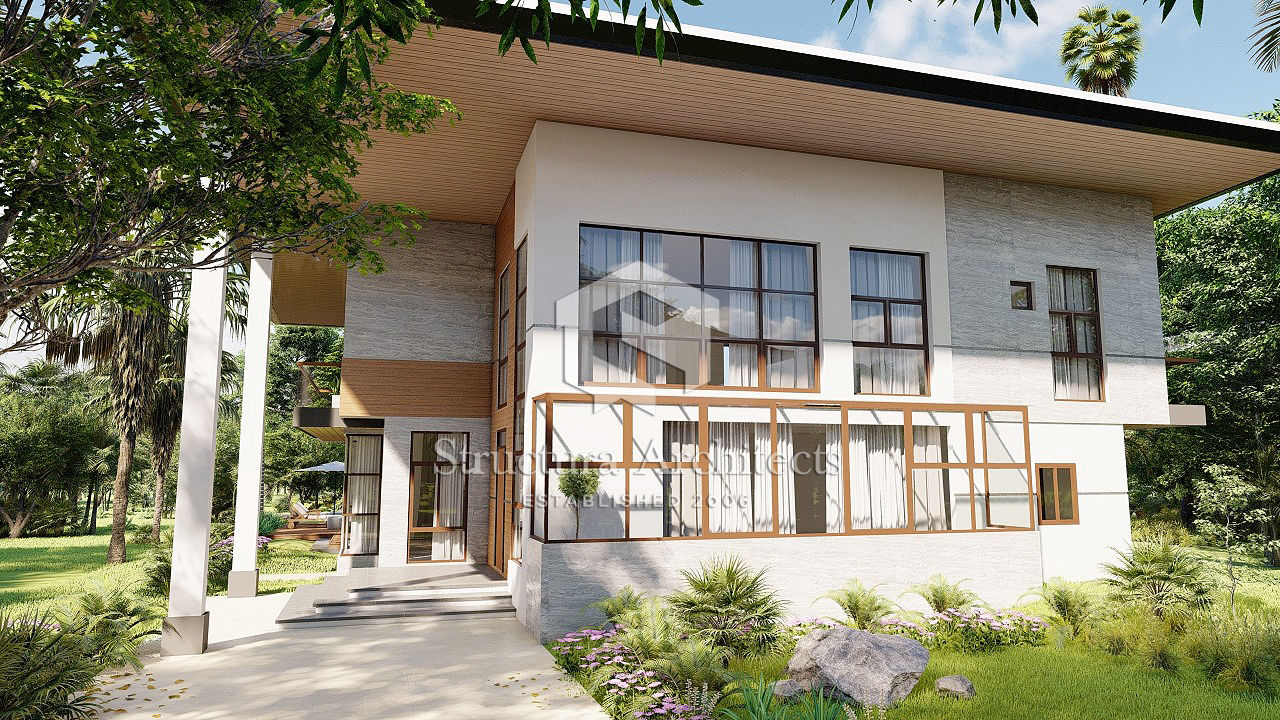 Facade - View of Main Entry and Sunroom Structura Architects Villas Stone