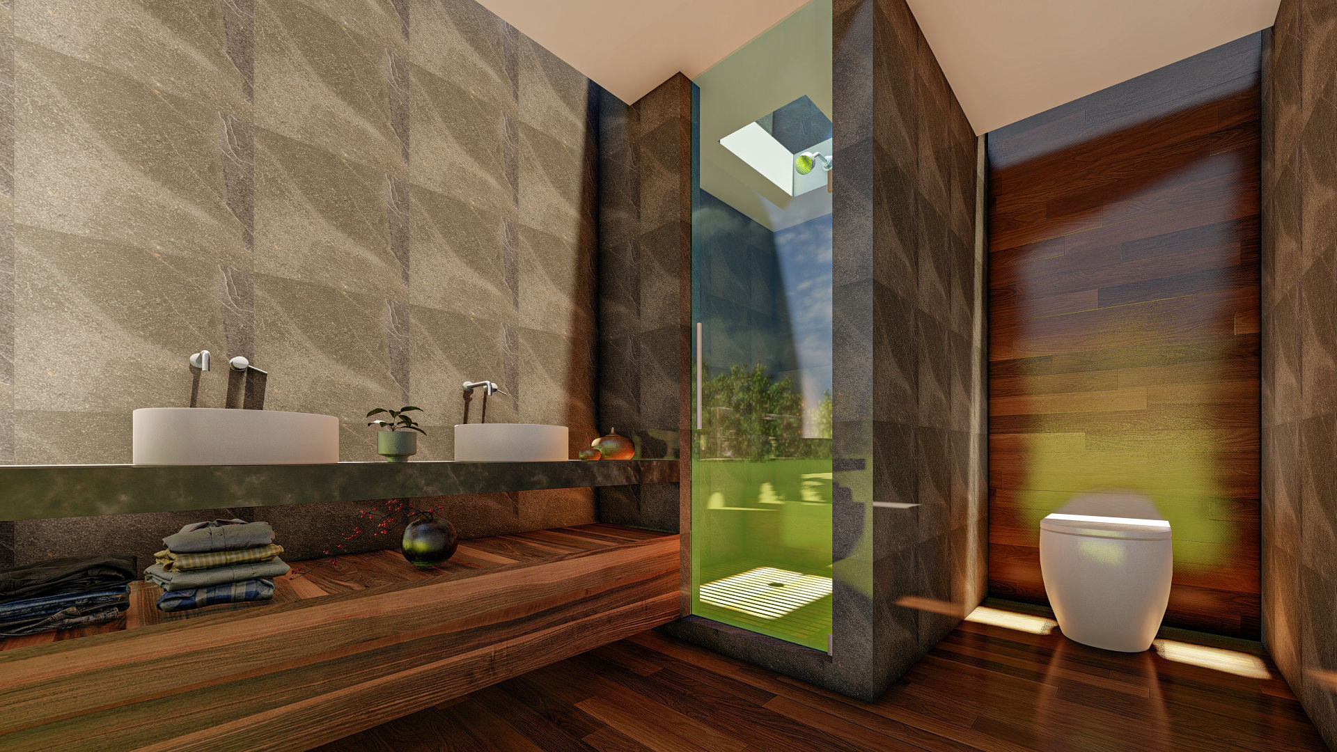 Cabina de ducha en interiores de baño contemporáneos de lujo con