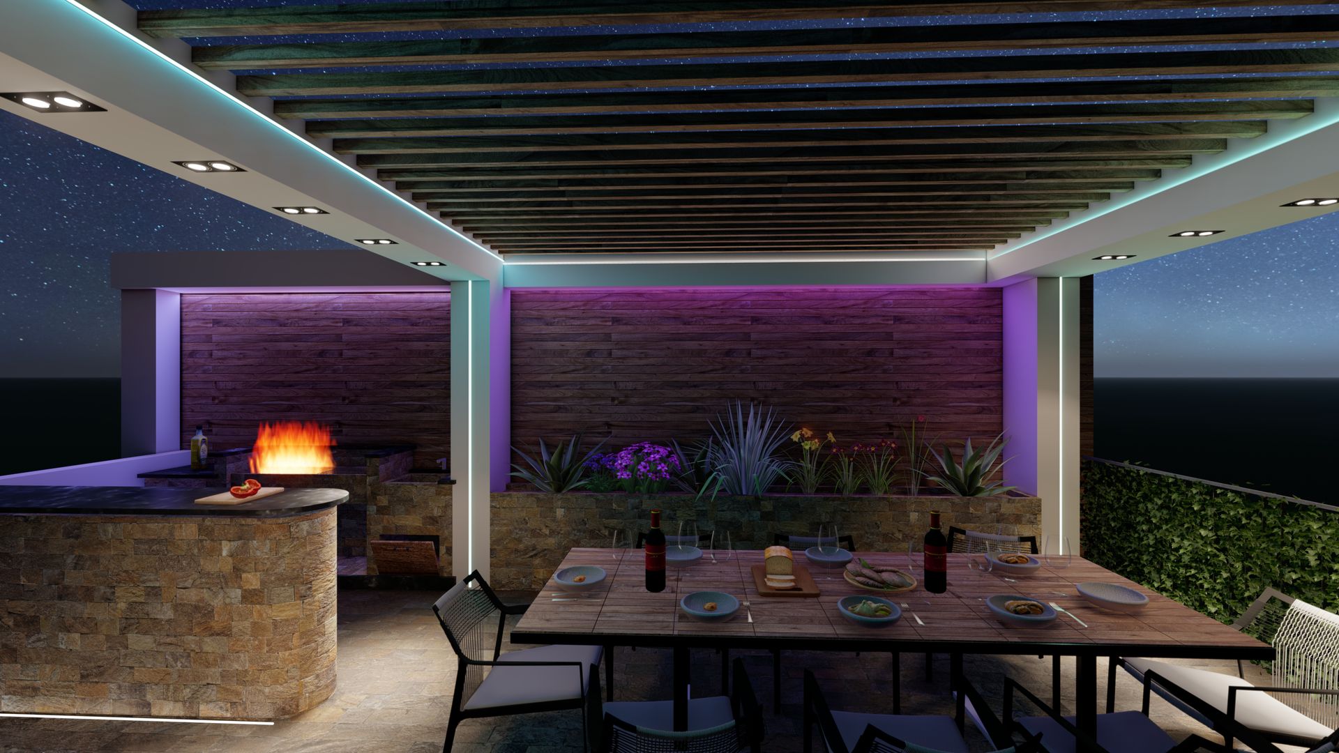 Terrazza notturna con led colorati MO.D'A Balcone, Veranda & Terrazza in stile moderno Legno Effetto legno