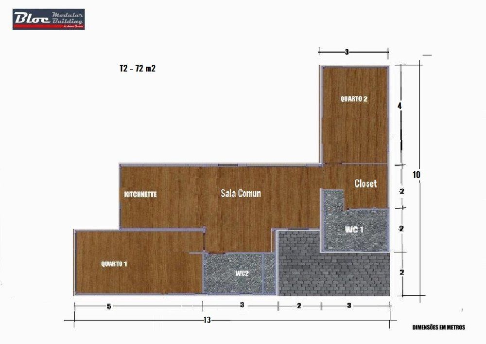 BLOC Linea T2 Area 72m2 (76m2-bruta), BLOC - Casas Modulares BLOC - Casas Modulares Casa Modulares, Bungalows, Casas Flutuantes, Moradias