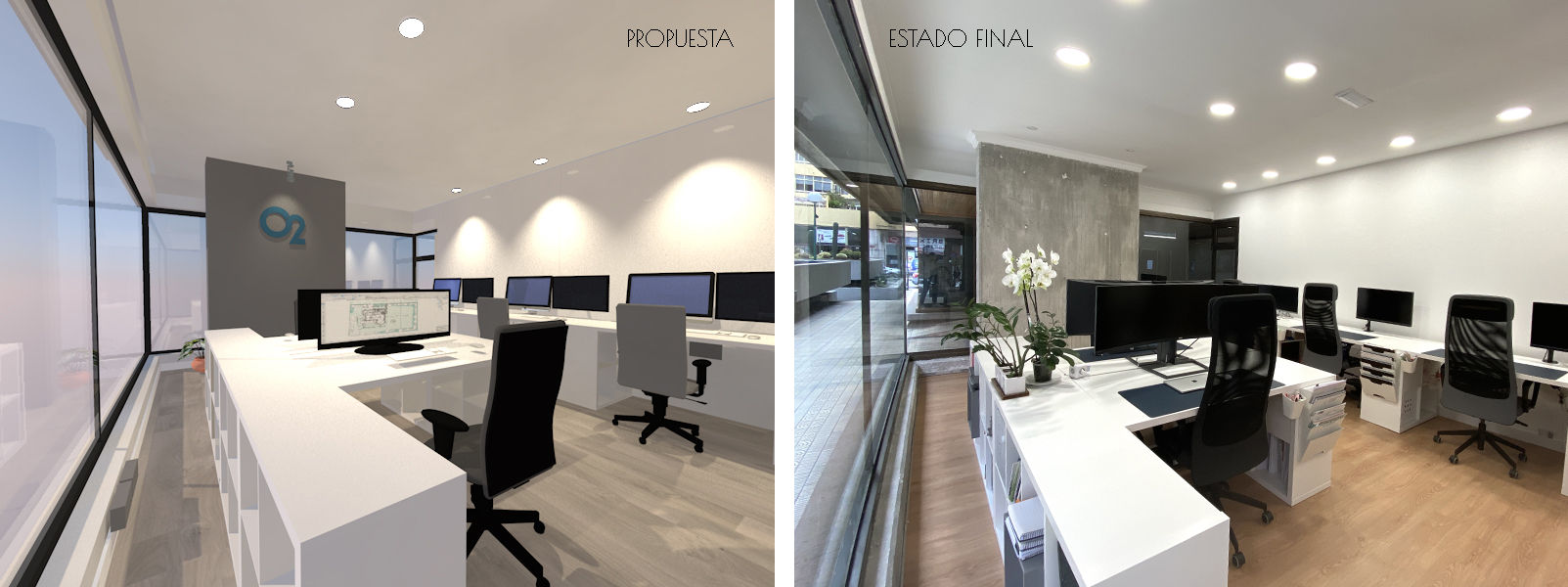 Imagen comparativa proyecto / reforma ejecutada O2 eStudio BIM arquitectos S.L.P reforma integral, interiorismo, decoración, Arquitectura Las Palmas, Arquitectura, arquitectos, reforma, office, local de oficinas, oficinas, estudio, arquitectura, diseñadores, proyectar, proyecto, planificar, planos, cambio, cambiar, reformar, ganar, espacio, estudio, abierto, diáfano, estilo, unificar,