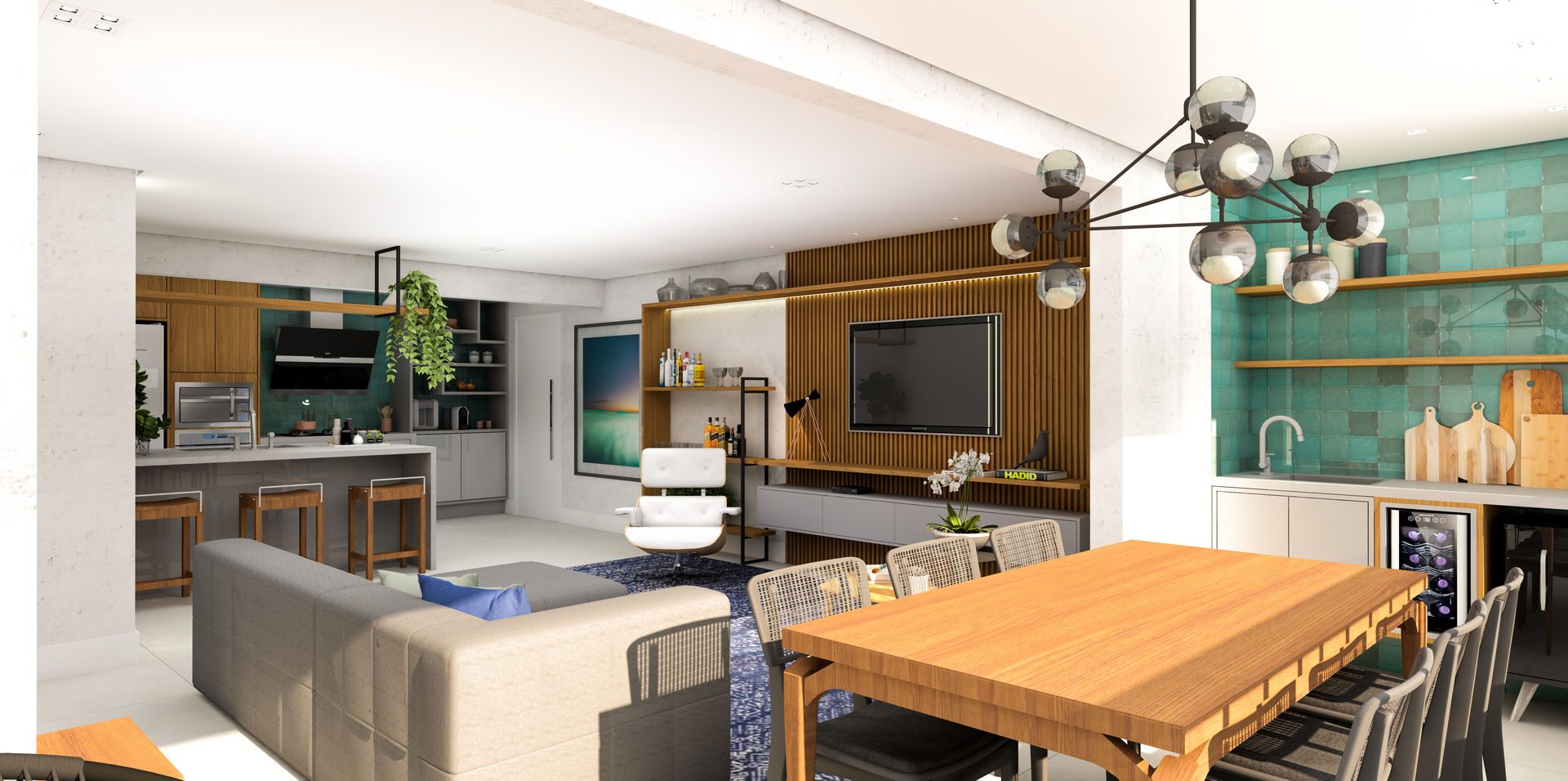 Integração Total - Varanda | Sala | Cozinha | Lavanderia, ArquitetureSe - Projetos de Arquitetura e Interiores à distância ArquitetureSe - Projetos de Arquitetura e Interiores à distância Living room Wood Wood effect