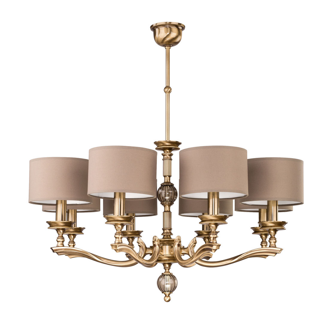 Classic Luxury Chandelier TIVOLI 8 Light In Brushed Brass and Brown lamp Shades Luxury Chandelier LTD Modern dining room Copper/Bronze/Brass Lighting