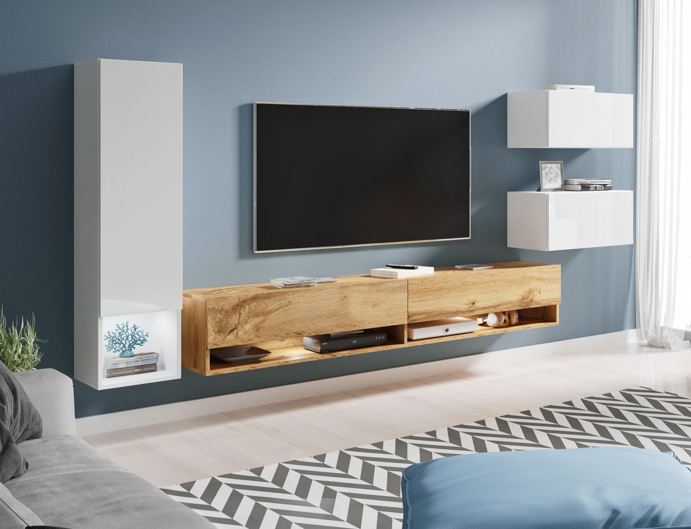 Meblościanki, Meble Minio Meble Minio Moderne Wohnzimmer Holzspanplatte TV- und Mediamöbel