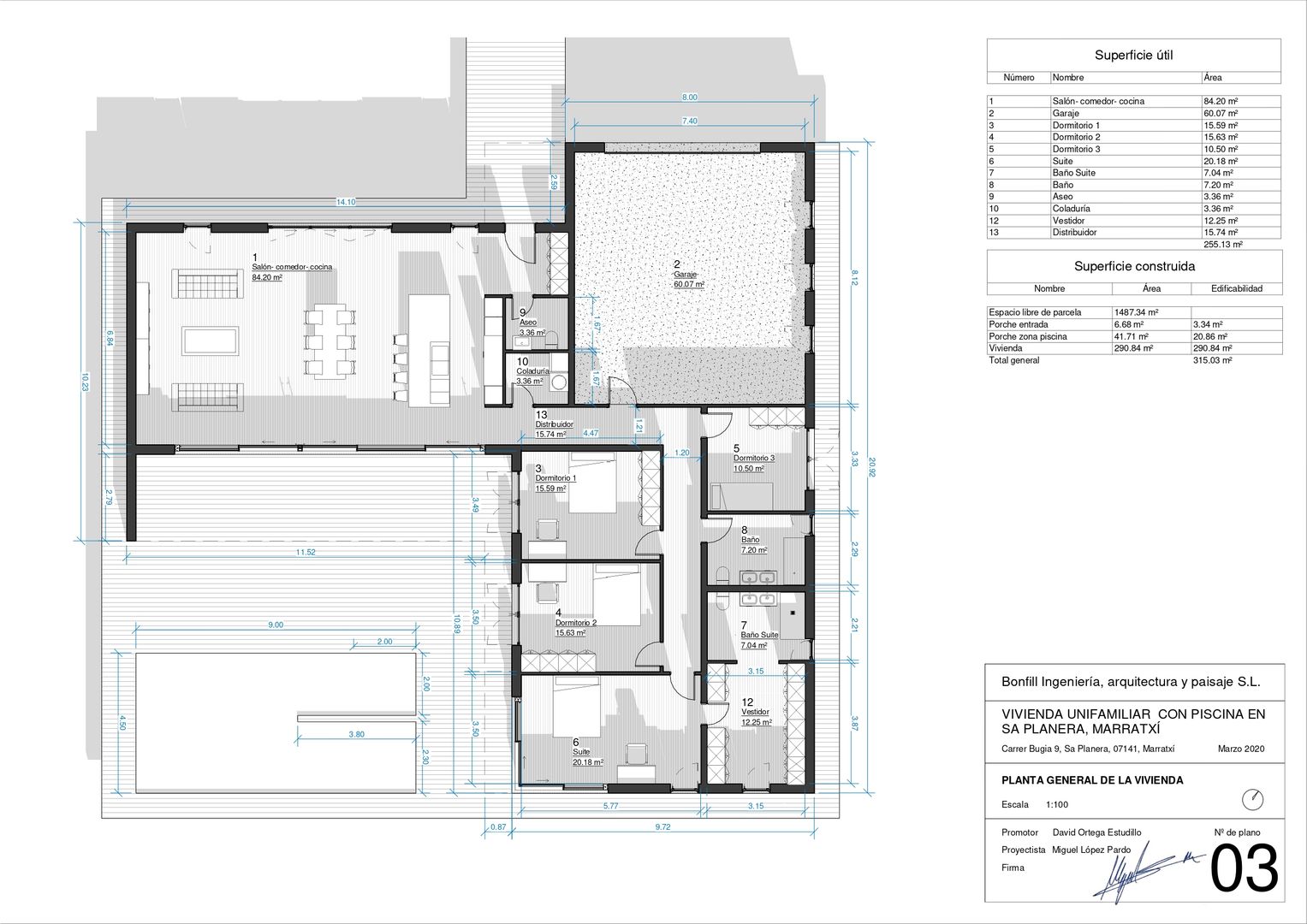 PROYECTO DE CONSTRUCCIÓN DE VIVIENDA UNIFAMILIAR CON PISCINA EN SA PLANERA (MARRATXÍ-MALLORCA), BONFILL INGENIERÍA, ARQUITECTURA Y PAISAJE S.L. BONFILL INGENIERÍA, ARQUITECTURA Y PAISAJE S.L. Будинки Бетон