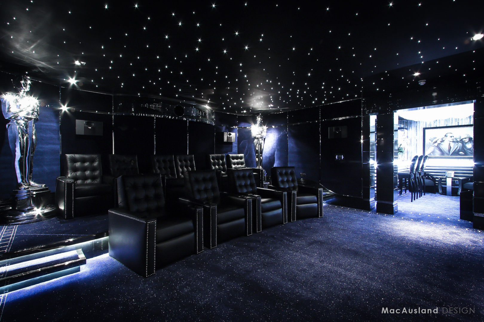 Cinema MacAusland Design 모던스타일 미디어 룸 luxury,glamorous,contemporary,modern,high-end,cinema,media room,starlight,ceiling,blue,black