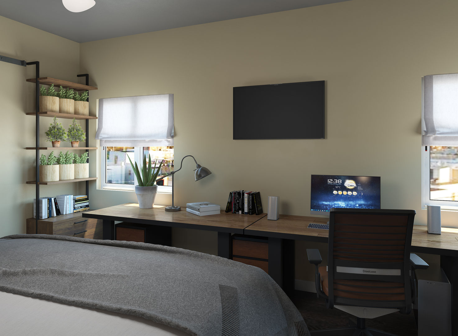 Dormitorio con zona de estudio/trabajo, Glancing EYE - Modelado y diseño 3D Glancing EYE - Modelado y diseño 3D غرفة نوم