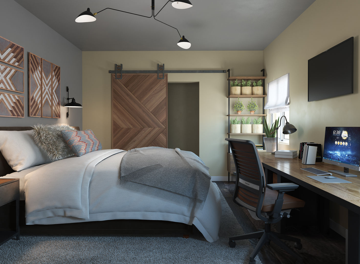 Dormitorio con zona de estudio/trabajo, Glancing EYE - Modelado y diseño 3D Glancing EYE - Modelado y diseño 3D Bedroom