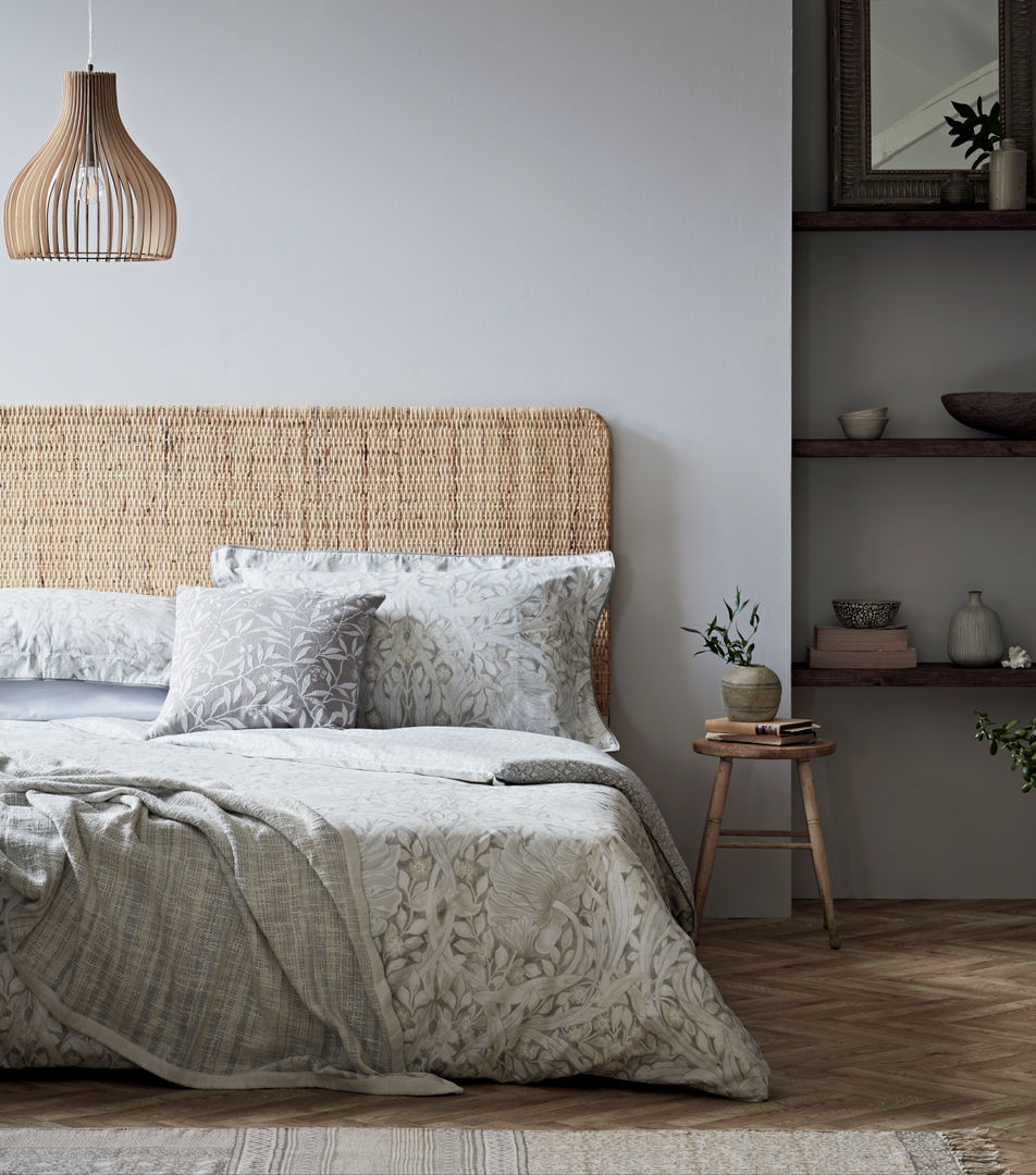 Morris & Co Bedroom Styled for Bedeck Alice Margiotta Rustieke slaapkamers Bedding, Grey, Bedroom Design, Rattan, Bedhead, Natural Materials