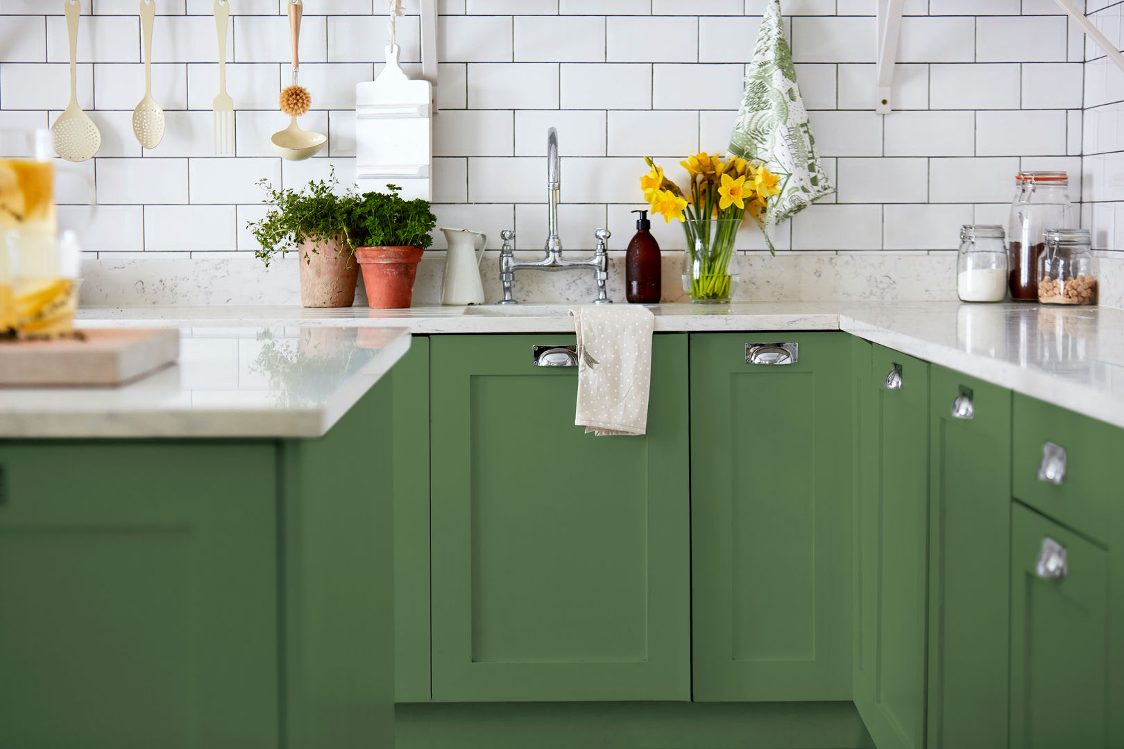 Devon Green Kitchen for Sanderson Paint Alice Margiotta Kitchen Country Kitchen, Green, Metro Tiles, Open Shelves, Marble Worktop