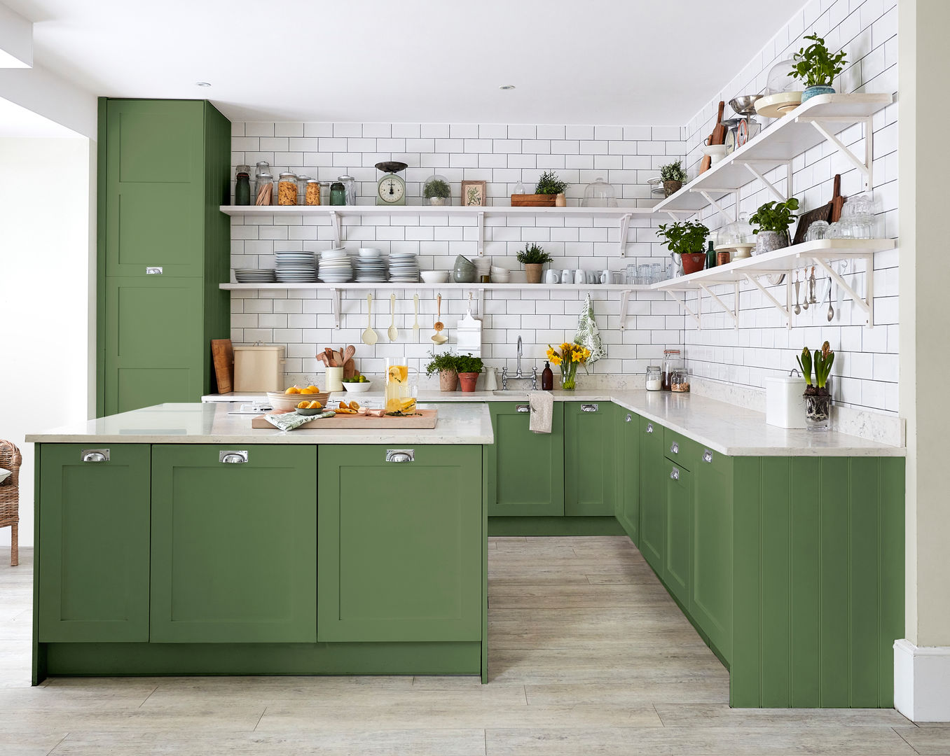 Devon Green Kitchen for Sanderson Paint Alice Margiotta Kitchen Country Kitchen, Green, Metro Tiles, Open Shelves, Marble Worktop