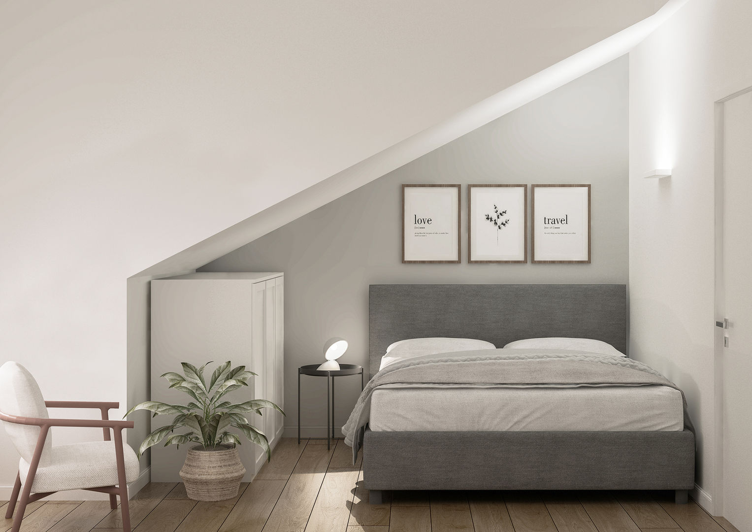 Mansarda in Milano, Magenta - Airbnb - 70mq Bongio Valentina Camera da letto moderna airbnb, comodino ikea, lampada, lampada dalù, letto matrimoniale grigio, mansarda, mobile guardaroba basso, parete grigia, pareti bianche, parquet, pavimento in legno, poltrona bianca e rossa, render, ristrutturazione