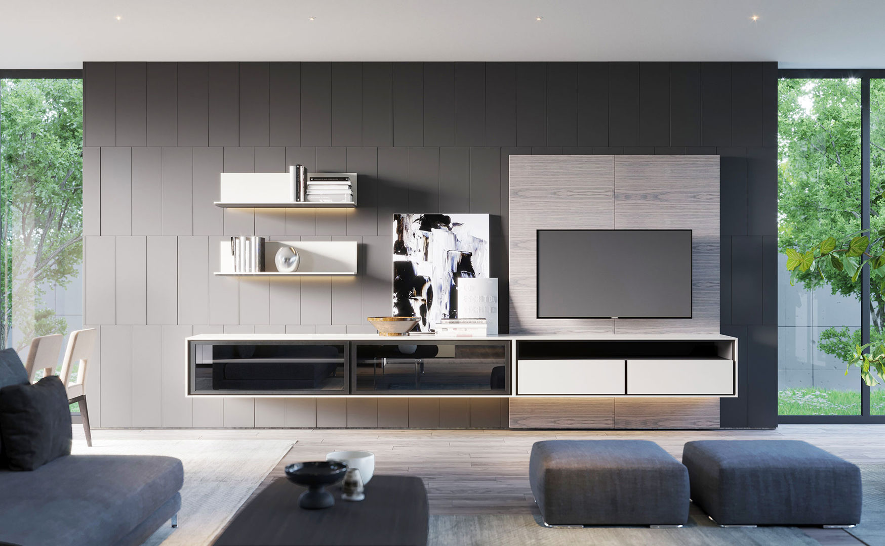 MODE parete componibile , ITALIANELEMENTS ITALIANELEMENTS Salas de estilo moderno Tablero DM Muebles para televisión y equipos