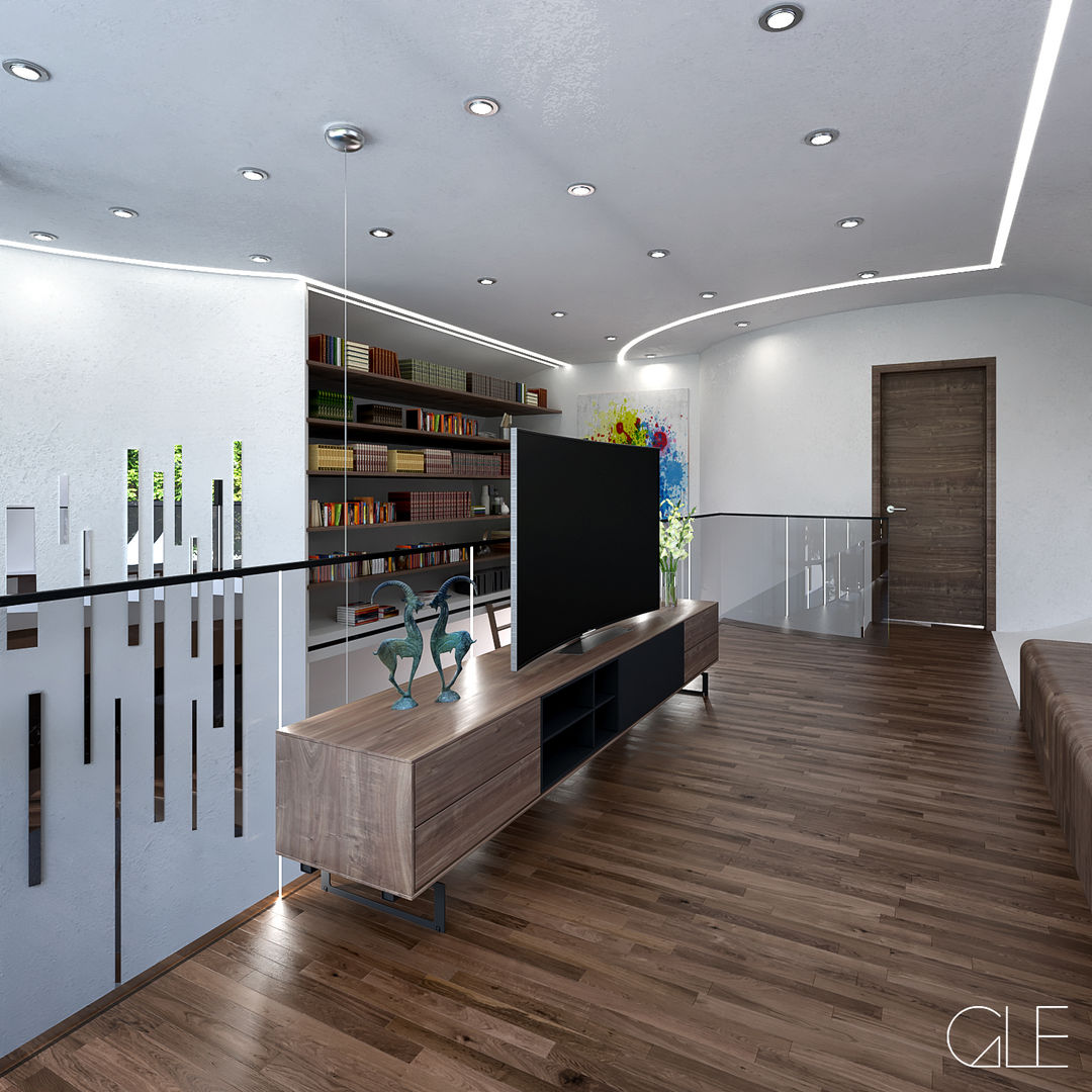 Mezzanine con sala de TV GLE Arquitectura Salones de estilo moderno